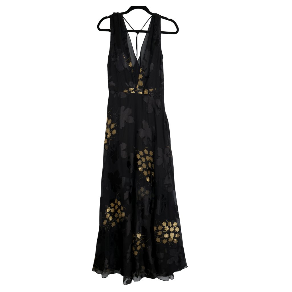 Reiss Size 6 Nwt Black Floral Gold Maxi Dress - Retail $650